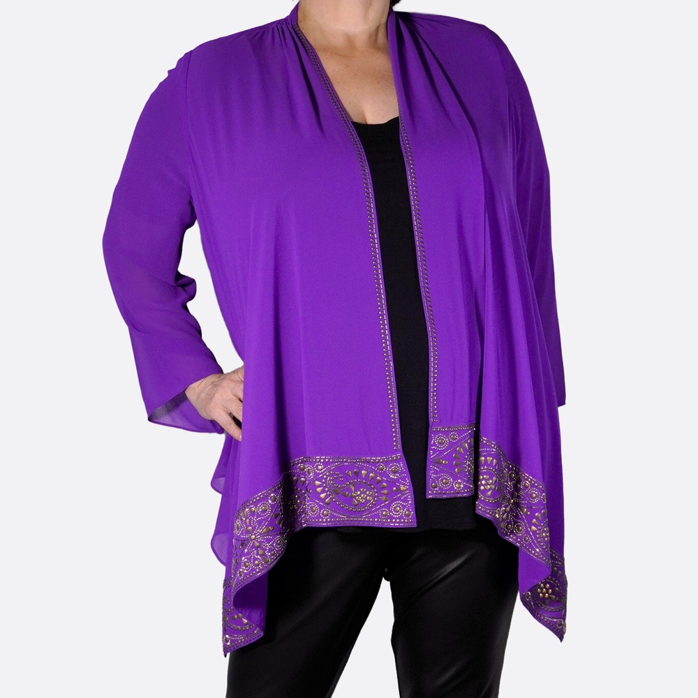 Chico's NWT Embellished Chiffon Cardigan Jacket Purple Scarf Hem Plus Size 1X 0X